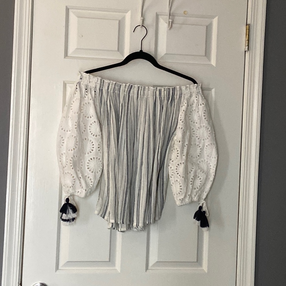 Sundance cotton white and blue off shoulder puff sleeve top